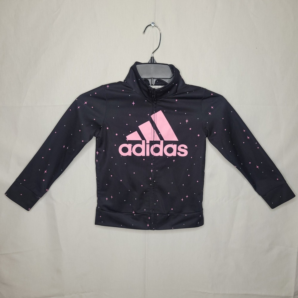 Girls Adidas Black Track Jacket w/‎ Pink Star Print ~ Full Zip, Long Sleeve